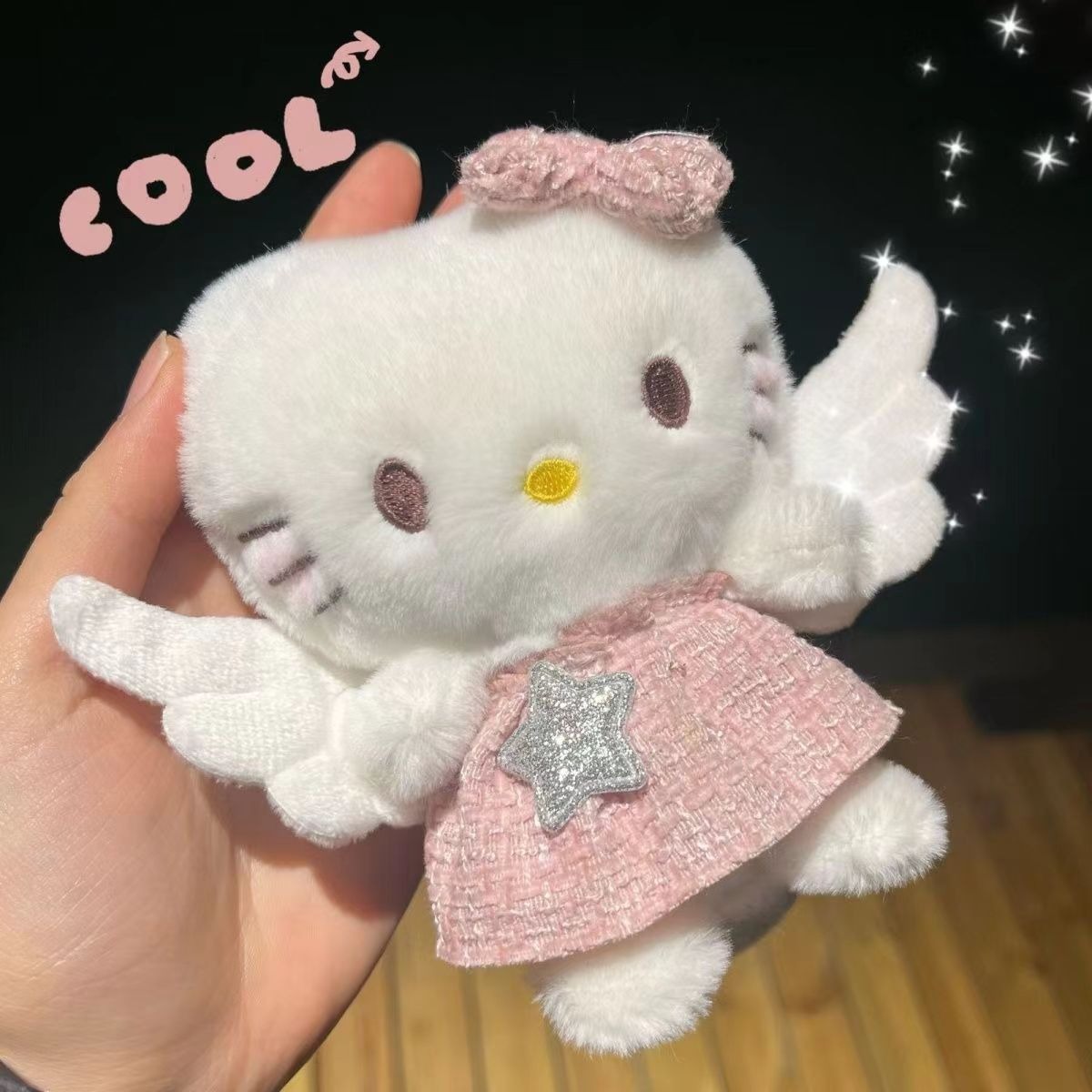 Sanrio Hello Kitty Plush Keychain - Angel Winged Design with Pink Tweed Dress, Glitter Star & Bow, Soft Stuffed Bag Char 13