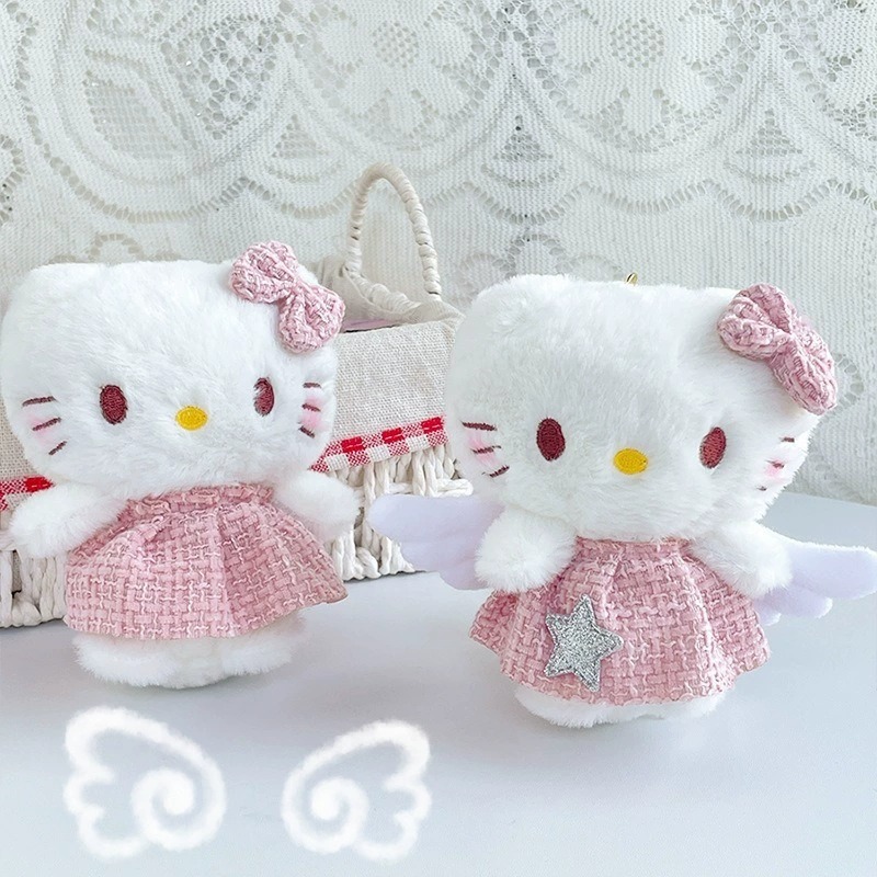 Sanrio Hello Kitty Plush Keychain - Angel Winged Design with Pink Tweed Dress, Glitter Star & Bow, Soft Stuffed Bag Char 11