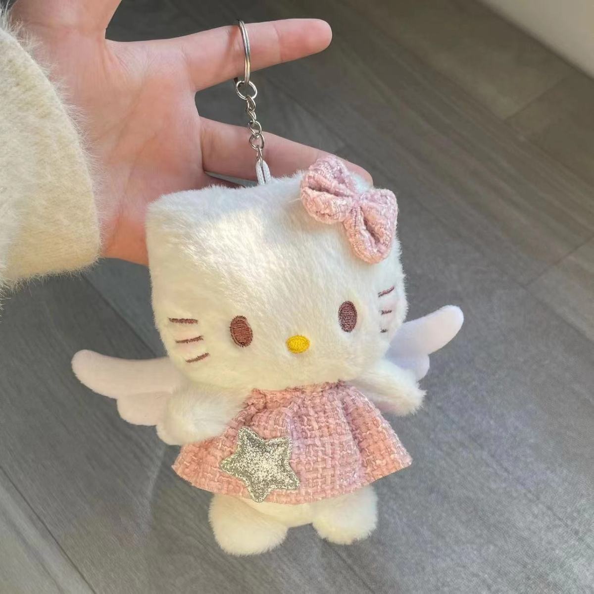 Sanrio Hello Kitty Plush Keychain - Angel Winged Design with Pink Tweed Dress, Glitter Star & Bow, Soft Stuffed Bag Char 14