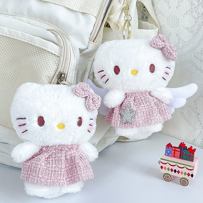 Sanrio Hello Kitty Plush Keychain - Angel Winged Design with Pink Tweed Dress, Glitter Star & Bow, Soft Stuffed Bag Char 12