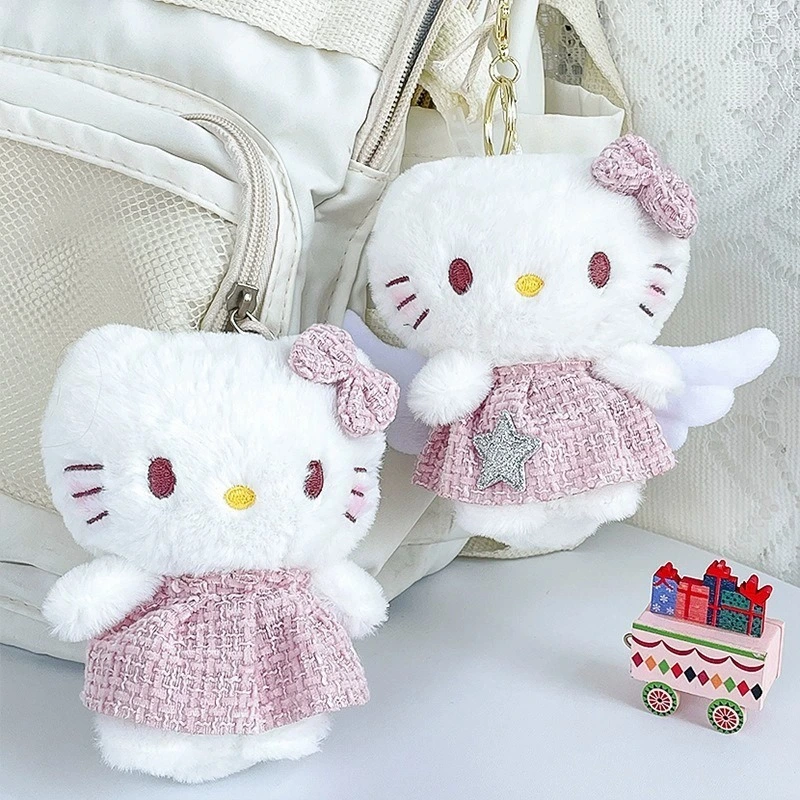 Sanrio Hello Kitty Plush Keychain - Angel Winged Design with Pink Tweed Dress, Glitter Star &amp; Bow, Soft Stuffed Bag Char 1