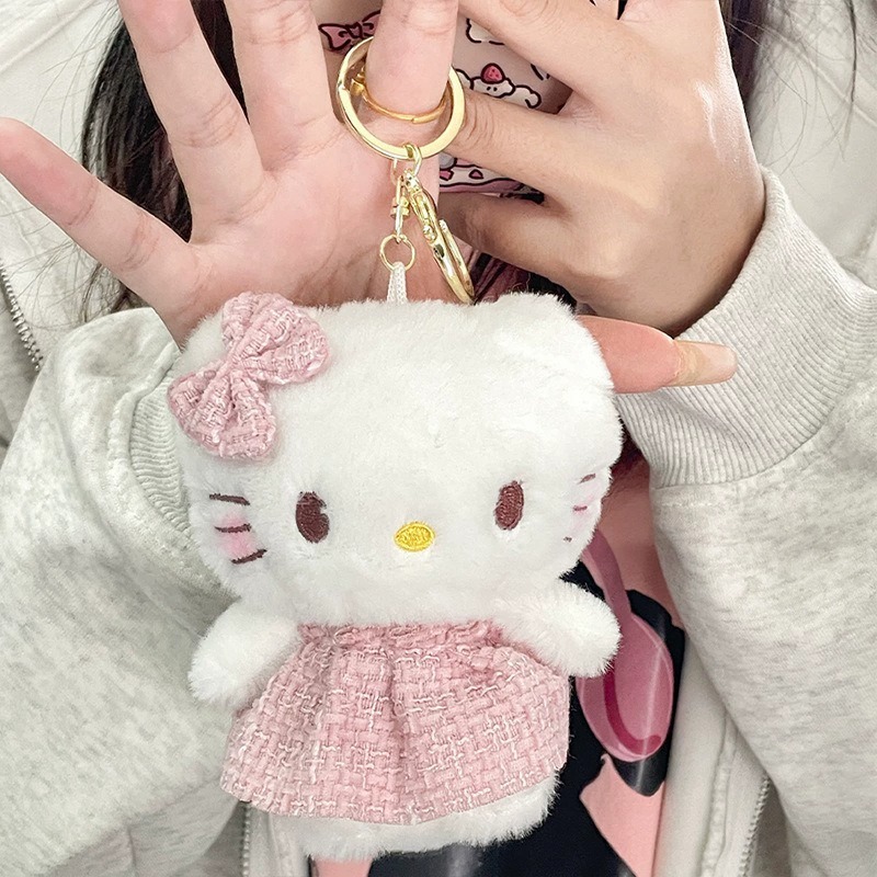 Sanrio Hello Kitty Plush Keychain - Angel Winged Design with Pink Tweed Dress, Glitter Star & Bow, Soft Stuffed Bag Char 16