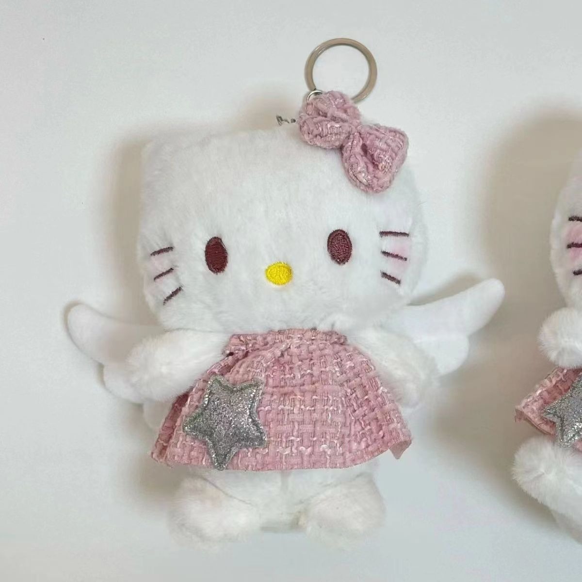 Sanrio Hello Kitty Plush Keychain - Angel Winged Design with Pink Tweed Dress, Glitter Star & Bow, Soft Stuffed Bag Char 20