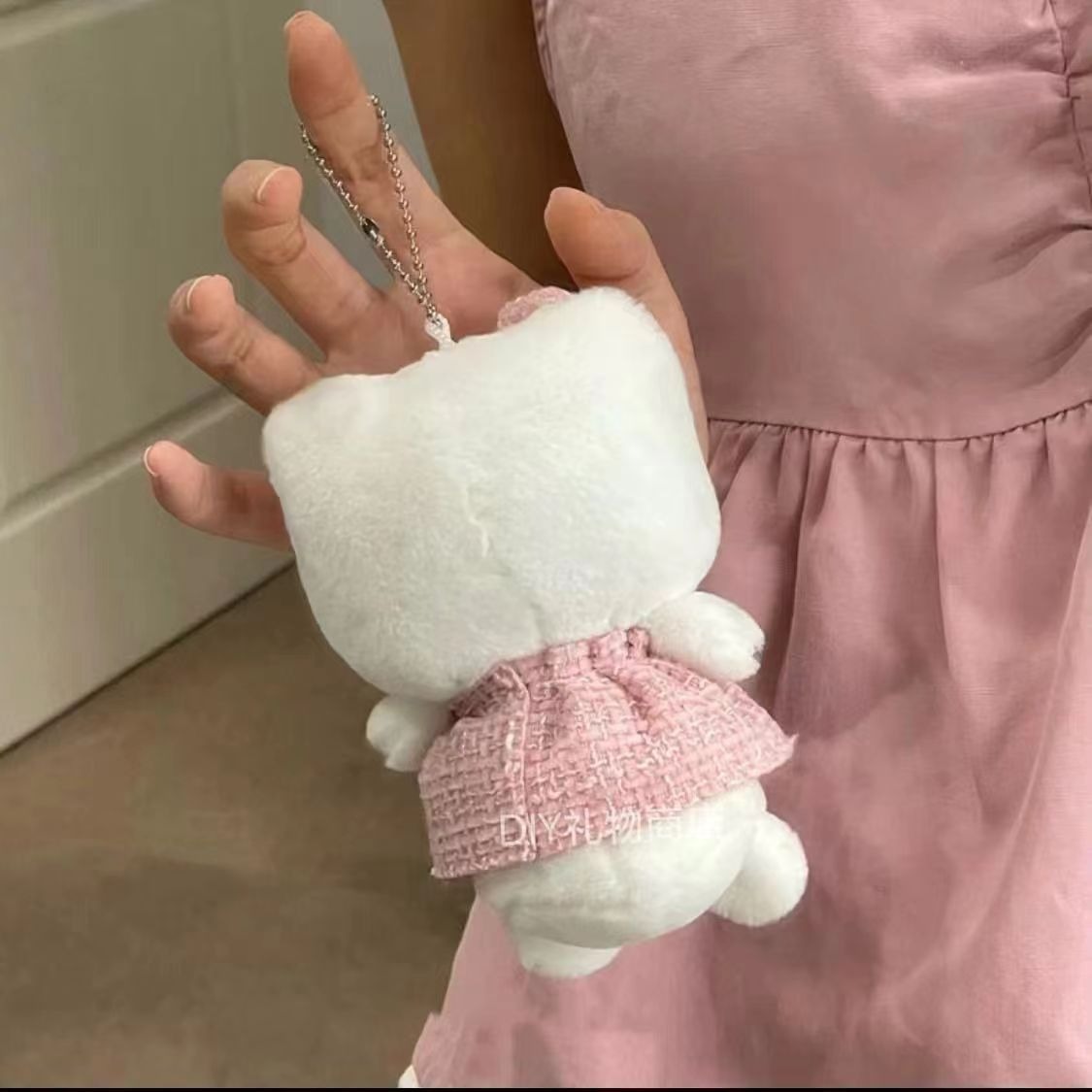 Sanrio Hello Kitty Plush Keychain - Angel Winged Design with Pink Tweed Dress, Glitter Star & Bow, Soft Stuffed Bag Char 18