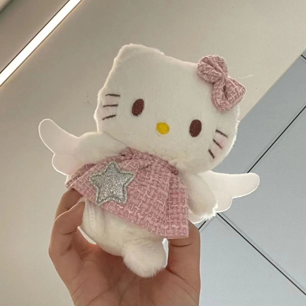 Sanrio Hello Kitty Plush Keychain - Angel Winged Design with Pink Tweed Dress, Glitter Star & Bow, Soft Stuffed Bag Char 21