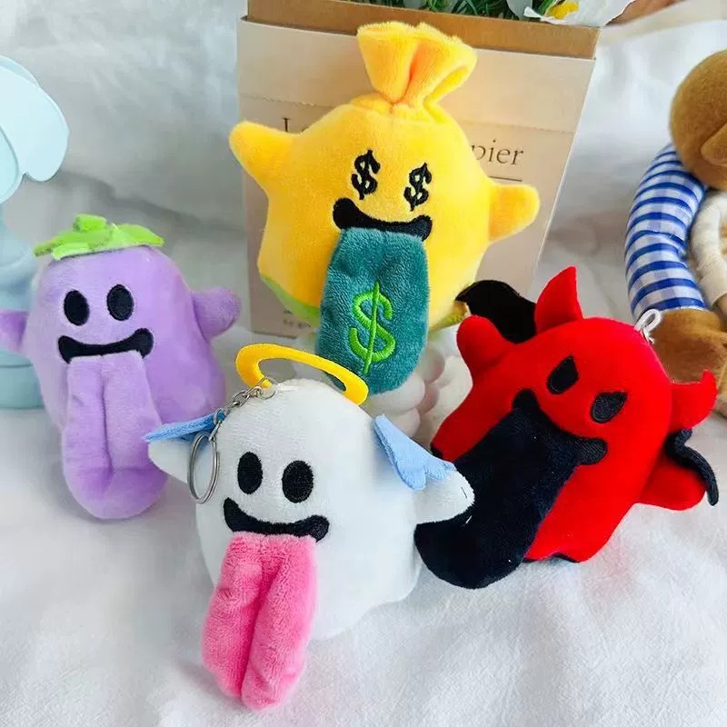 14cm  Cute Tongue - Out Plush Keychain Set: Ghost, Star, Eggplant Shapes - Funny Cartoon Stuffed Bag Charms 14
