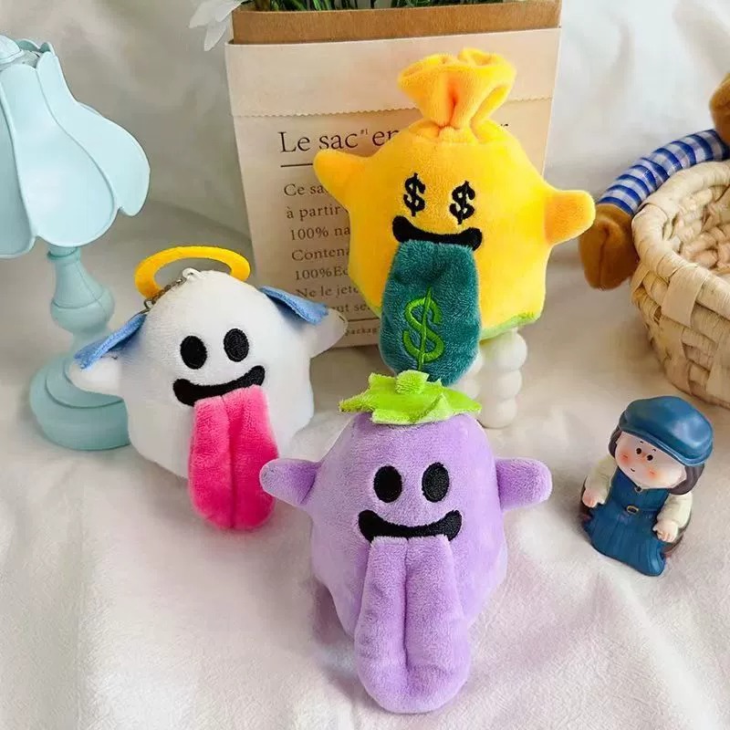 14cm  Cute Tongue - Out Plush Keychain Set: Ghost, Star, Eggplant Shapes - Funny Cartoon Stuffed Bag Charms 11