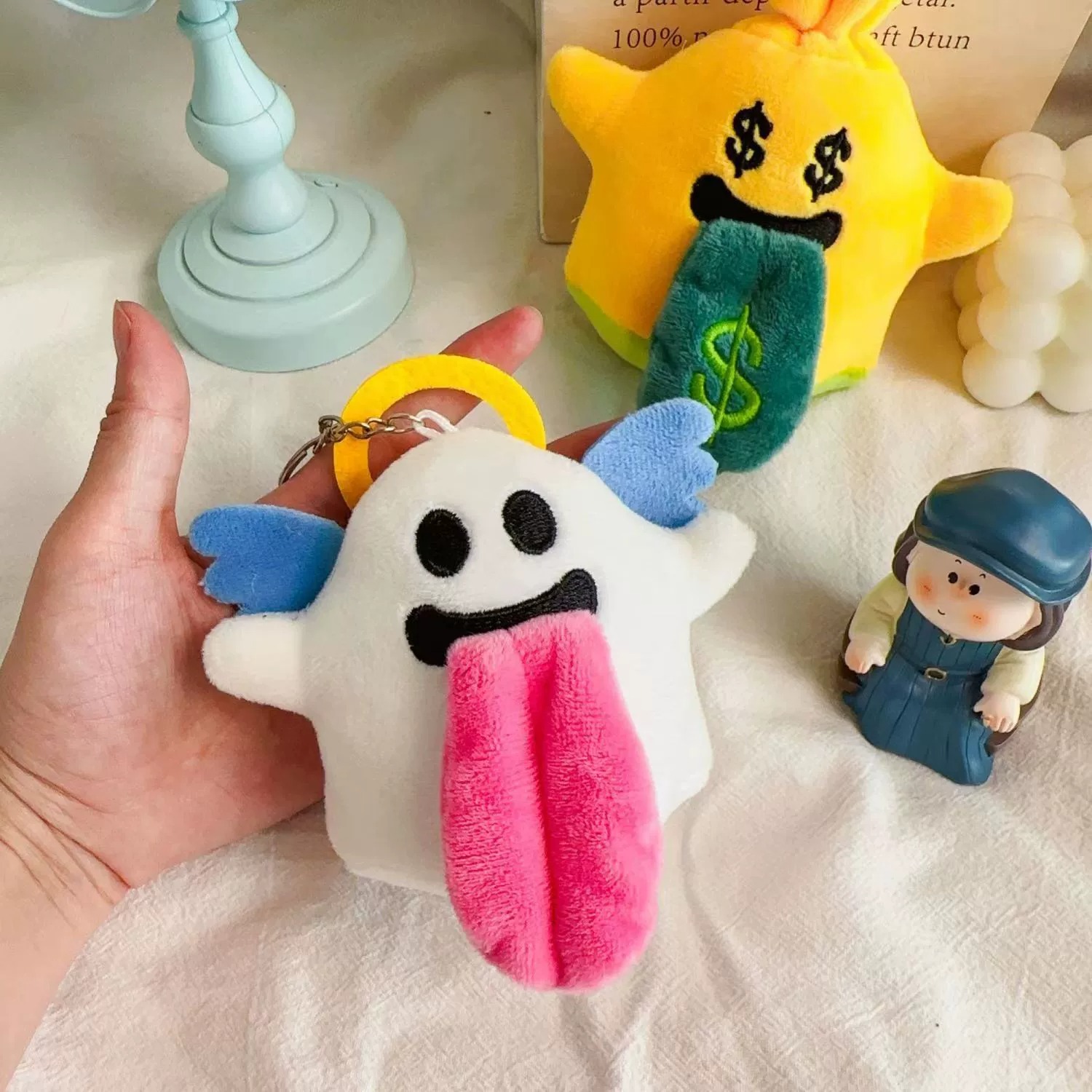 14cm  Cute Tongue - Out Plush Keychain Set: Ghost, Star, Eggplant Shapes - Funny Cartoon Stuffed Bag Charms 13