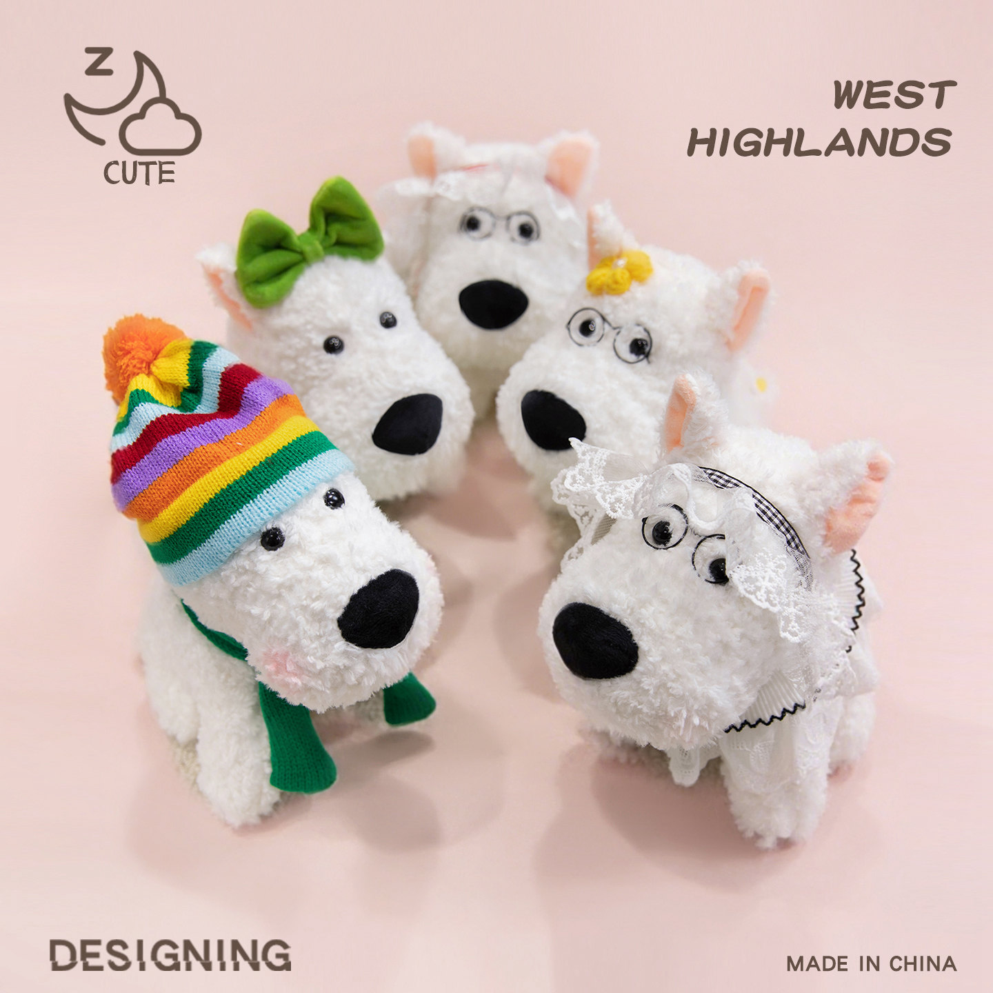 Adorables peluches West Highland White Terrier - Chiots mignons en peluche avec accessoires colorés, jouets doux et câlins 11
