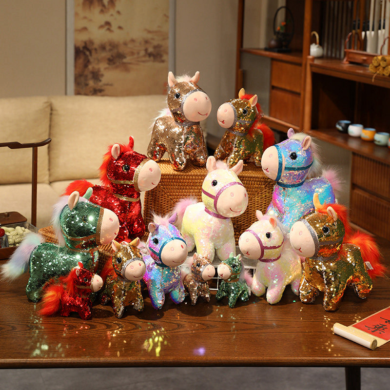 Colorful Sequin Horse Plush Toys - Adorable Stuffed Animals with Sparkling Details, Perfect for Kids’ Playtime, Bedroom 11