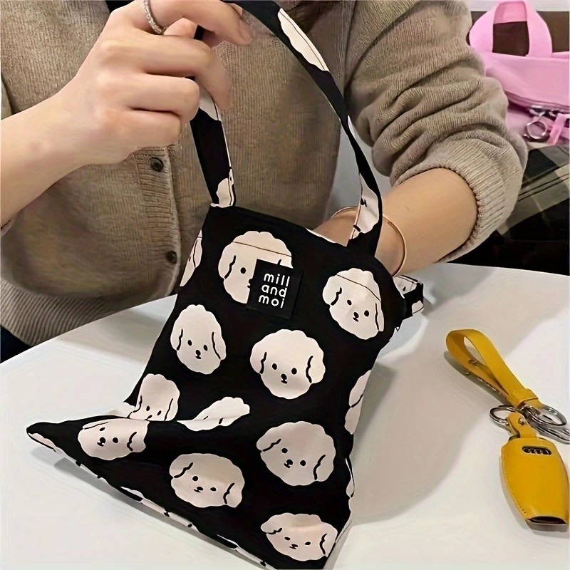 Casual Black Canvas Tote Bag – Cute Bichon Dog Print, Zipper Closure, Machine Washable 11