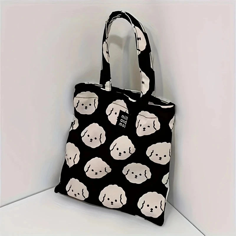 Casual Black Canvas Tote Bag – Cute Bichon Dog Print, Zipper Closure, Machine Washable 1
