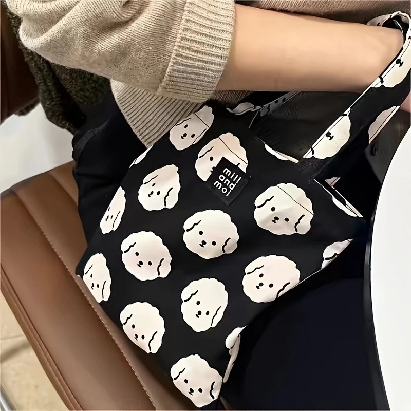Casual Black Canvas Tote Bag – Cute Bichon Dog Print, Zipper Closure, Machine Washable 12