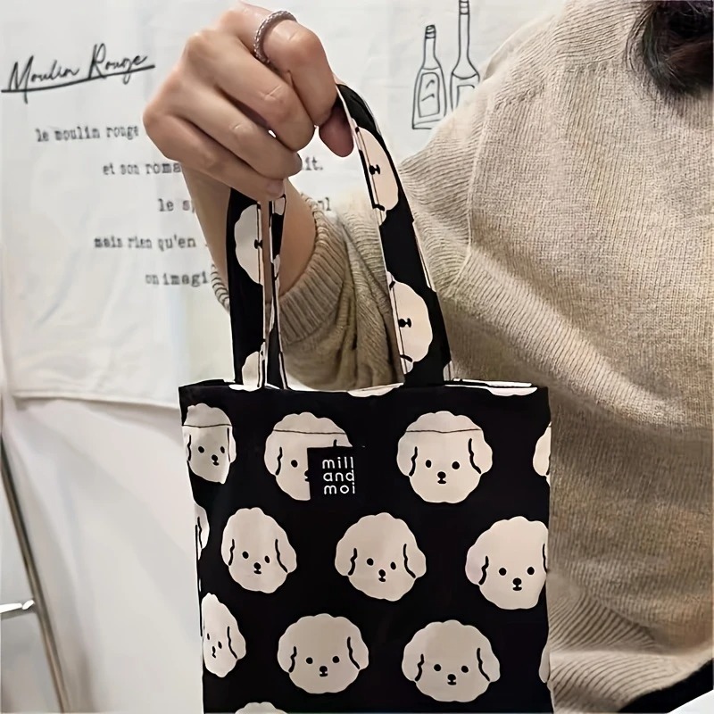 Casual Black Canvas Tote Bag – Cute Bichon Dog Print, Zipper Closure, Machine Washable 13