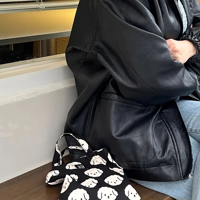 Casual Black Canvas Tote Bag – Cute Bichon Dog Print, Zipper Closure, Machine Washable 16