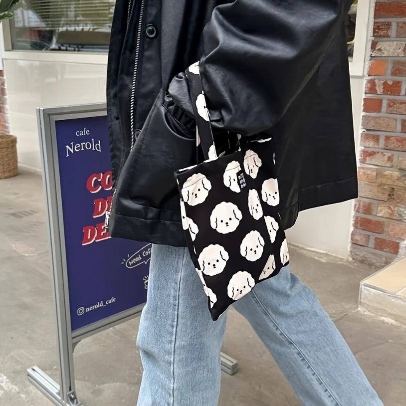 Casual Black Canvas Tote Bag – Cute Bichon Dog Print, Zipper Closure, Machine Washable 15