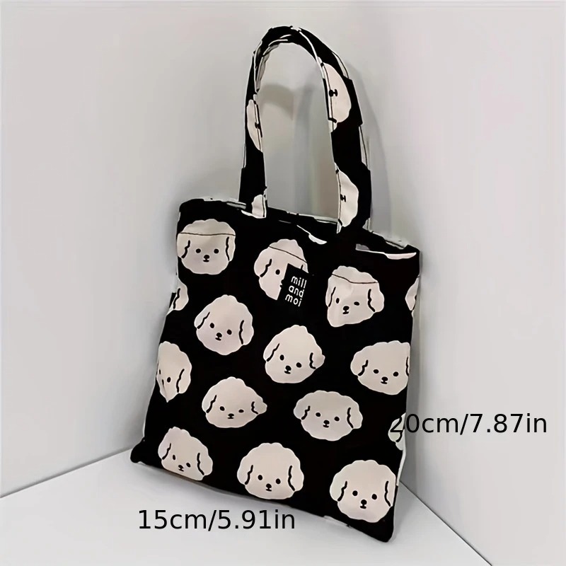 Casual Black Canvas Tote Bag – Cute Bichon Dog Print, Zipper Closure, Machine Washable 17