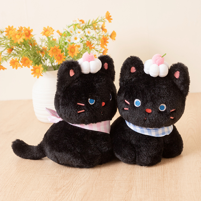 Creamy black kitten plush doll with a cute and funny shape, a lovely animal, soft and comfortable, a gift for children 6