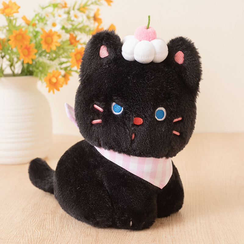 Creamy black kitten plush doll with a cute and funny shape, a lovely animal, soft and comfortable, a gift for children 8