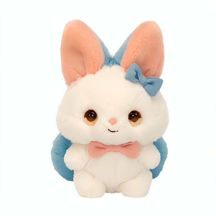 Lapin en peluche personnalisé en gros et à petit prix, avec oreilles bleues et nœud papillon rose. Fabricants OEM/ODM de haute qualité, faible quantité minimale de commande. 16