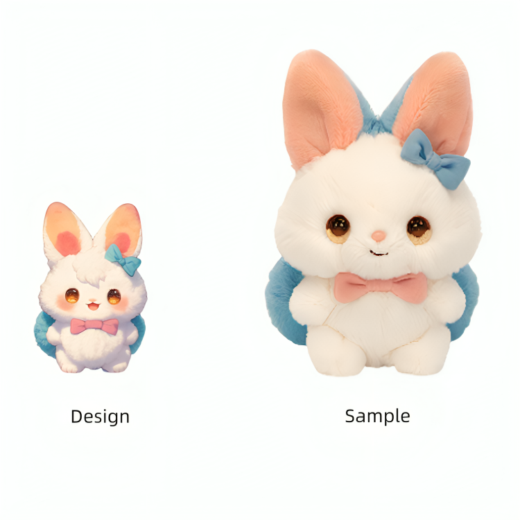 Lapin en peluche personnalisé en gros et à petit prix, avec oreilles bleues et nœud papillon rose. Fabricants OEM/ODM de haute qualité, faible quantité minimale de commande. 13