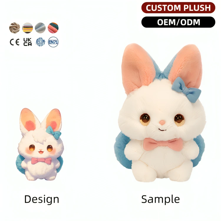 Lapin en peluche personnalisé en gros et à petit prix, avec oreilles bleues et nœud papillon rose. Fabricants OEM/ODM de haute qualité, faible quantité minimale de commande. 1