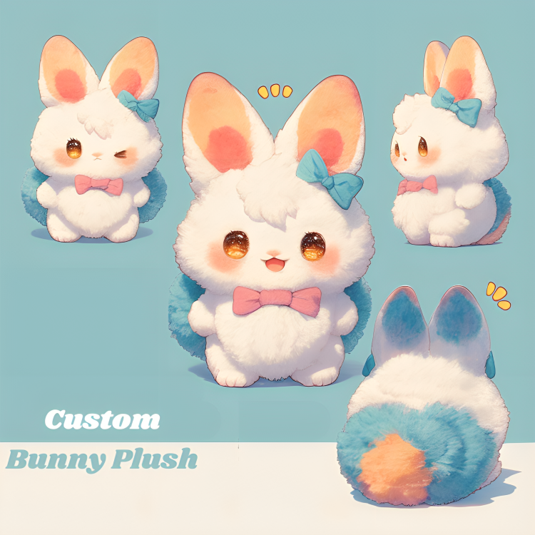 Lapin en peluche personnalisé en gros et à petit prix, avec oreilles bleues et nœud papillon rose. Fabricants OEM/ODM de haute qualité, faible quantité minimale de commande. 14