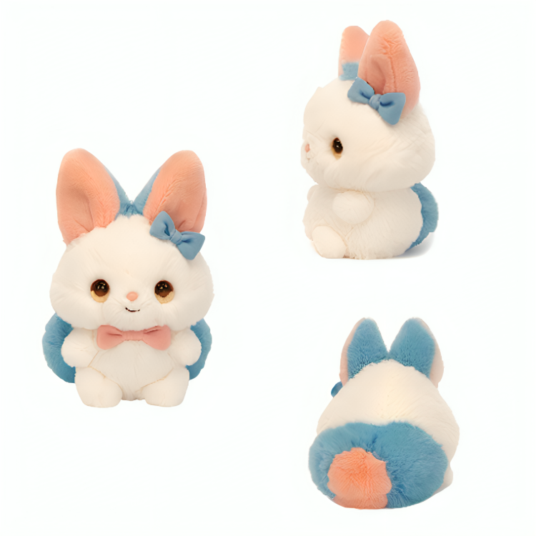 Lapin en peluche personnalisé en gros et à petit prix, avec oreilles bleues et nœud papillon rose. Fabricants OEM/ODM de haute qualité, faible quantité minimale de commande. 15