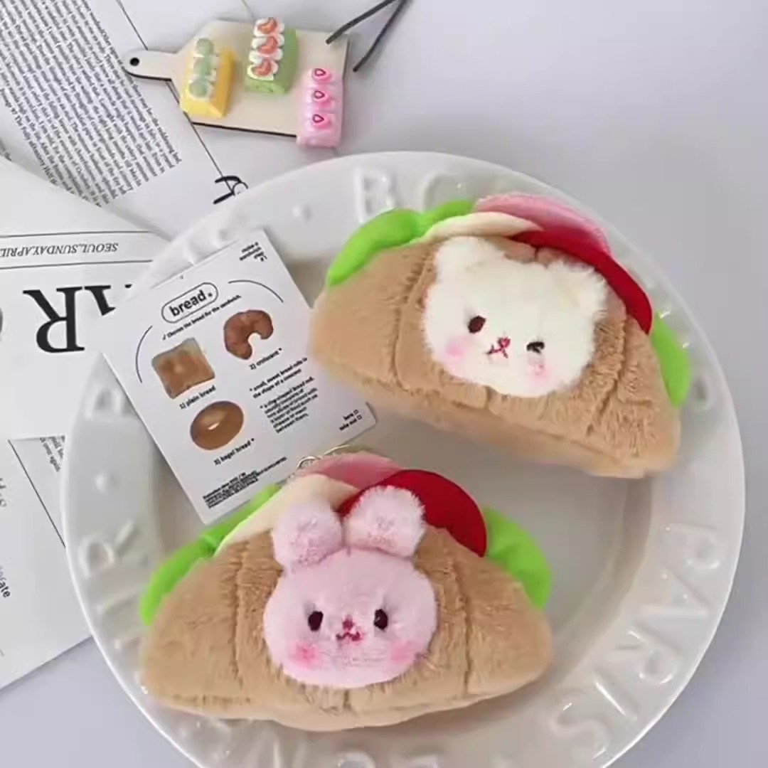 Porte-clés en peluche croissant français mignon en gros, pendentif machine à pince, poupée alimentaire, sac à dos, porte-clés croissant 12