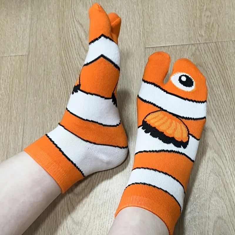 Cute Orange Tone Cartoon Clown Fish Split-Toe Socks, Soft Skin-Friendly Polyester Fiber, Hand Wash Hassle-Free 12