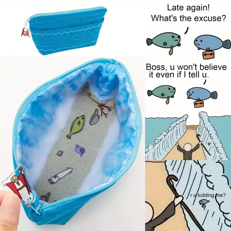 19*10cm High Quality Blue Miraculous Moses Red Sea Parting Pencil/Makeup Bag for Office, School & Everywhere 10