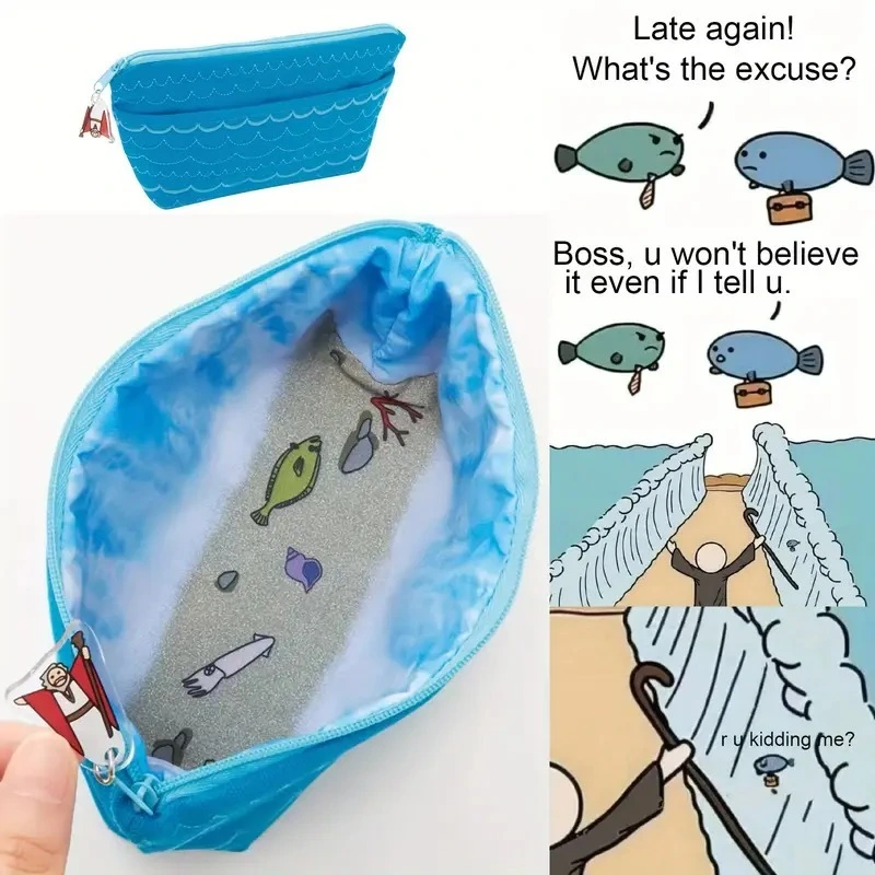 19*10cm High Quality Blue Miraculous Moses Red Sea Parting Pencil/Makeup Bag for Office, School &amp; Everywhere 1