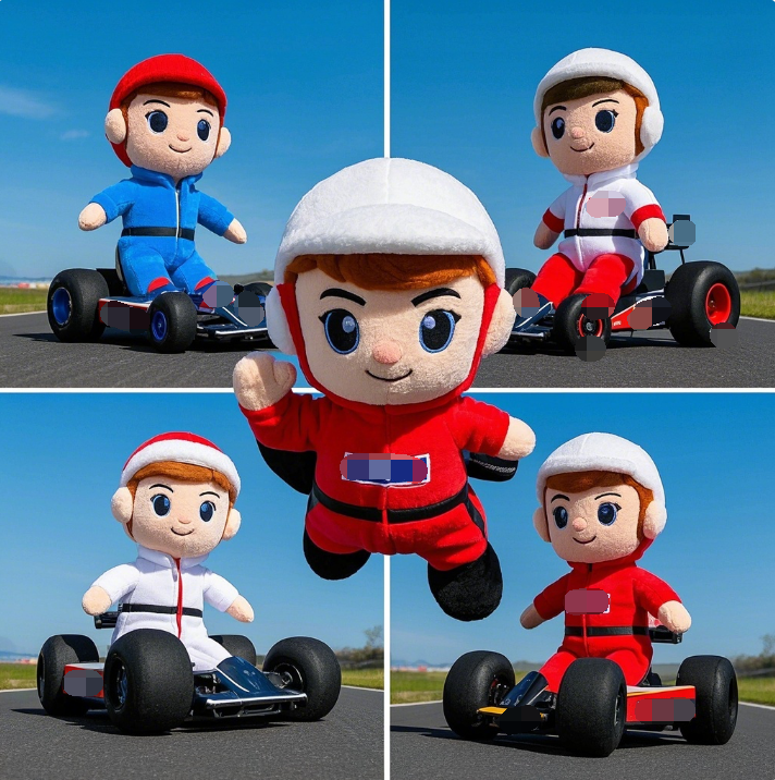 Customized racing driver plush toy with creative design, unique shape that can be added with logo 12
