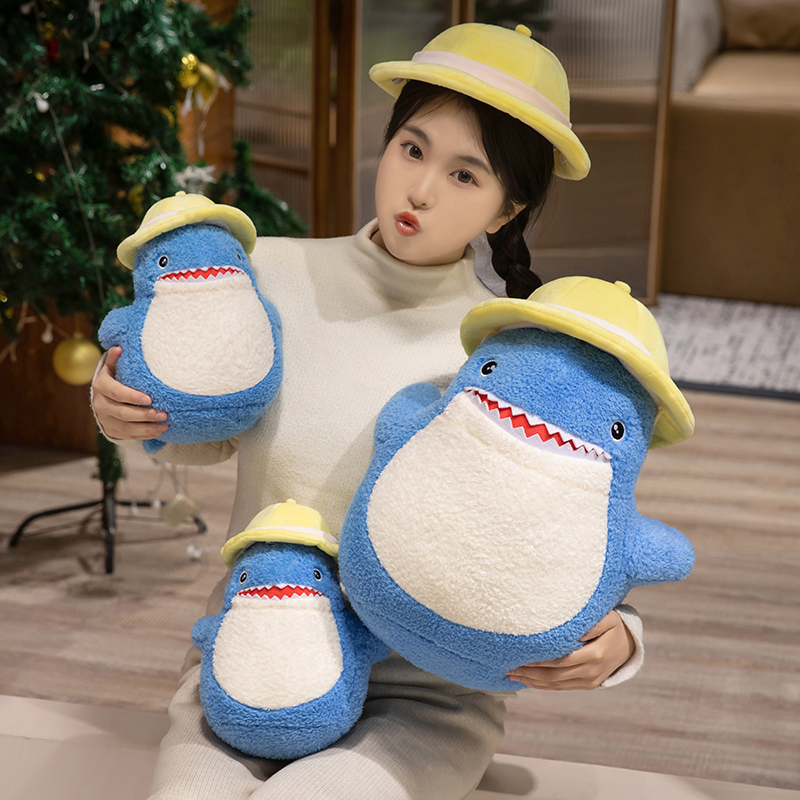 Shark hat plush toy blue shark yellow hat creative design funny styling gift wholesale for friends 16