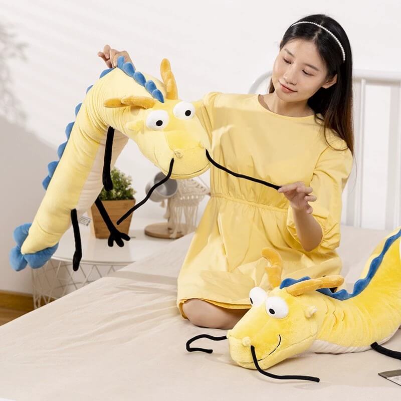 New Stuffed Animal Yellow Dragon Plushie Soft Lazy And Wave Chinese Dragon Plush Toy Mascot Cartoon Long Throw Pillow 17