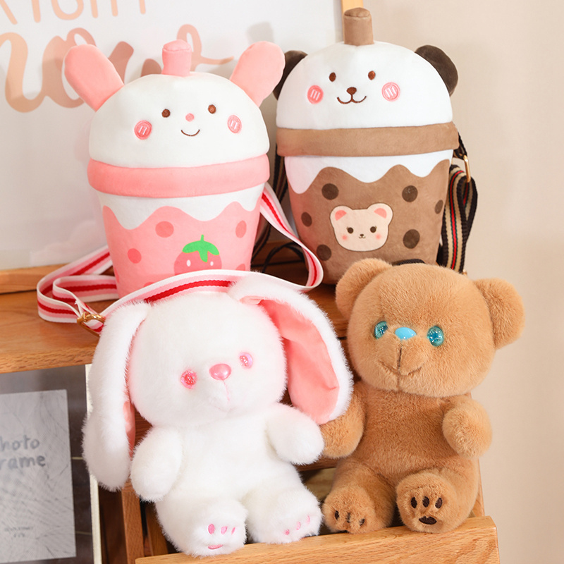 Boba Plushie Milk Tea Rabbit Milk Tea Bear Plush Doll Creative Design Crossbody Bag Doll 11