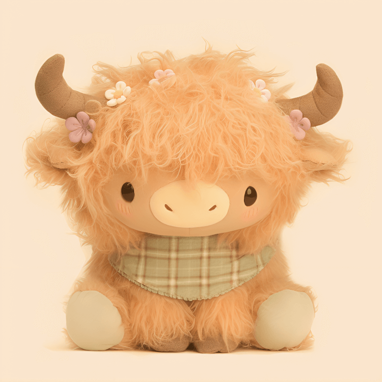 Manufacturers Custom Simulation Sitting Posture Cute Fluffy Highland Cow  Scotish Plush Toy Wearing Small Purple Flower 10