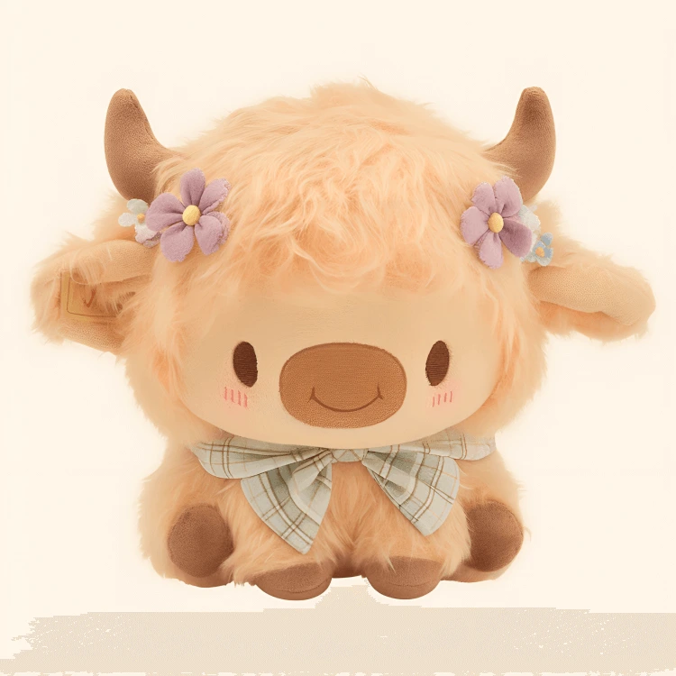 Manufacturers Custom Simulation Sitting Posture Cute Fluffy Highland Cow  Scotish Plush Toy Wearing Small Purple Flower 1