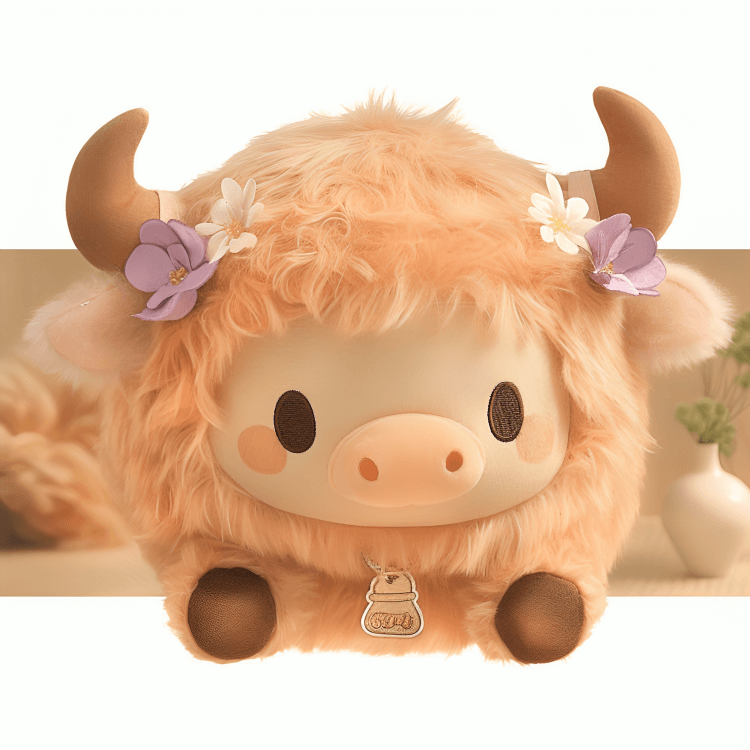 Manufacturers Custom Simulation Sitting Posture Cute Fluffy Highland Cow  Scotish Plush Toy Wearing Small Purple Flower 9