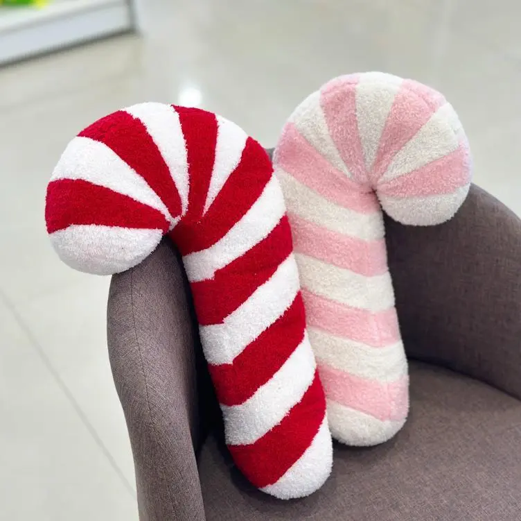 Almohada de peluche de bastón navideño rojo y rosa para decoración del hogar, sofá, almohadas de peluche de Navidad 1
