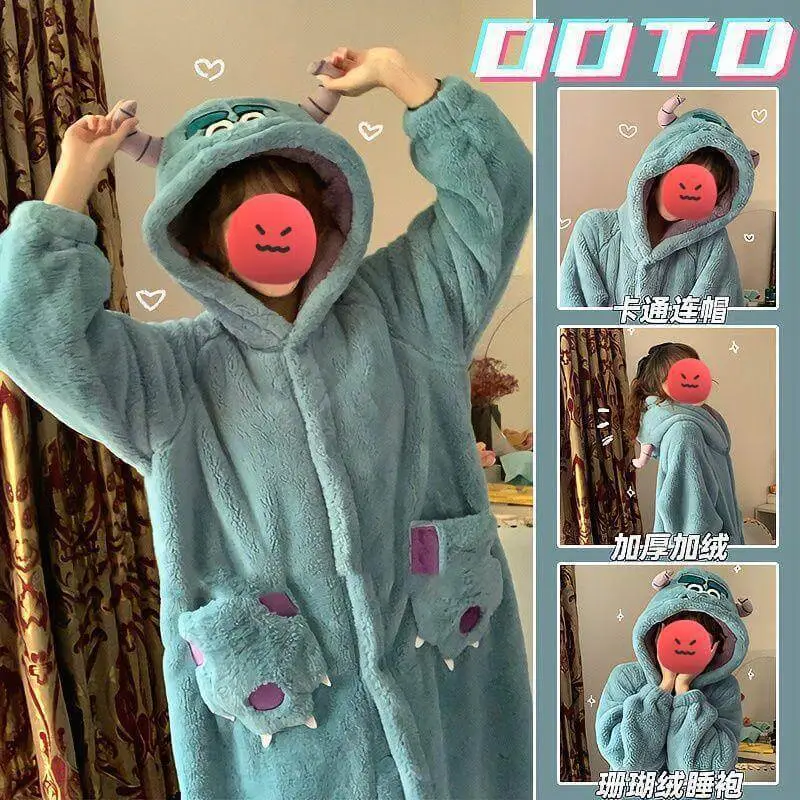 Cute Little Monster Plush Robe Warm Pajamas Coral Velvet Winter Wear Outside Long Sleepwear With Cute Pattern Pocket 1