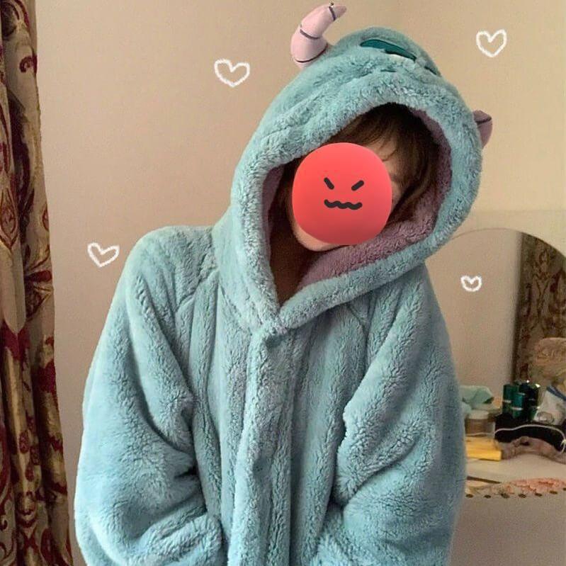 Cute Little Monster Plush Robe Warm Pajamas Coral Velvet Winter Wear Outside Long Sleepwear With Cute Pattern Pocket 8