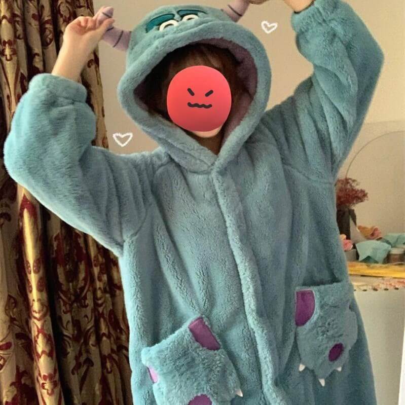 Cute Little Monster Plush Robe Warm Pajamas Coral Velvet Winter Wear Outside Long Sleepwear With Cute Pattern Pocket 9