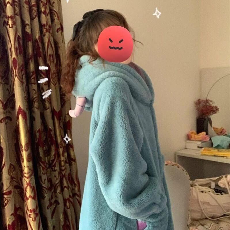 Cute Little Monster Plush Robe Warm Pajamas Coral Velvet Winter Wear Outside Long Sleepwear With Cute Pattern Pocket 7