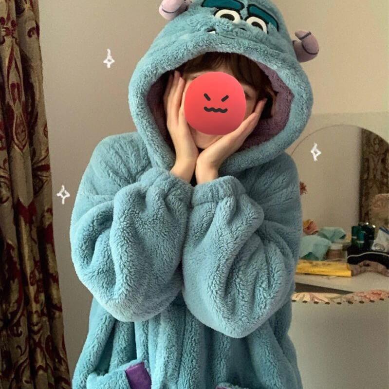 Cute Little Monster Plush Robe Warm Pajamas Coral Velvet Winter Wear Outside Long Sleepwear With Cute Pattern Pocket 6