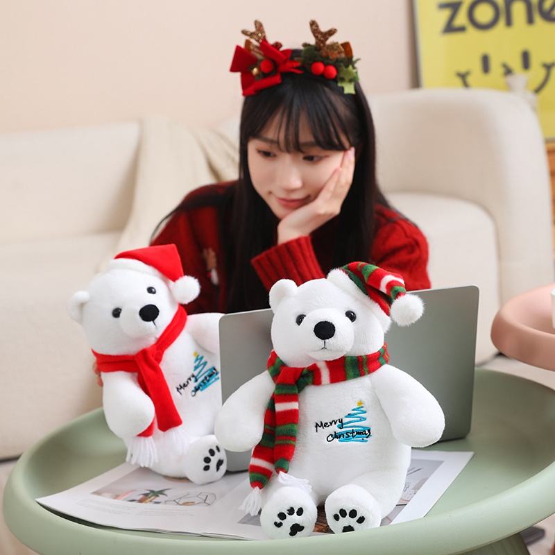 Oso polar navideño sentado kawaii, personaje de dibujos animados, animales de peluche personalizados, animales marinos de peluche 11