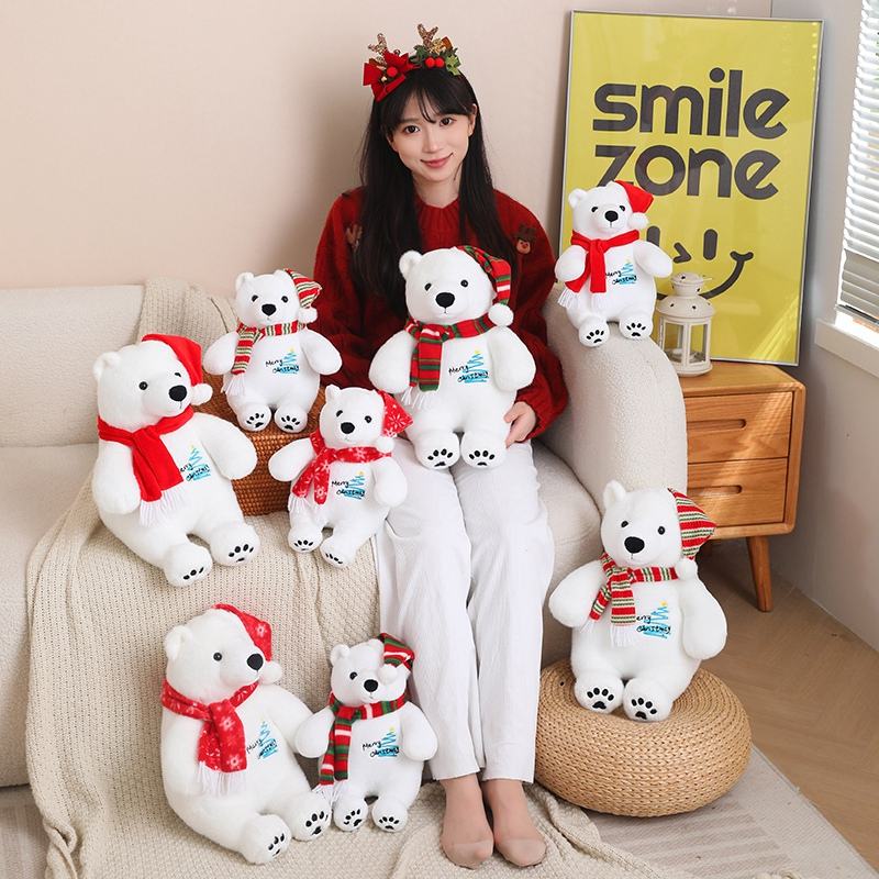 Oso polar navideño sentado kawaii, personaje de dibujos animados, animales de peluche personalizados, animales marinos de peluche 12