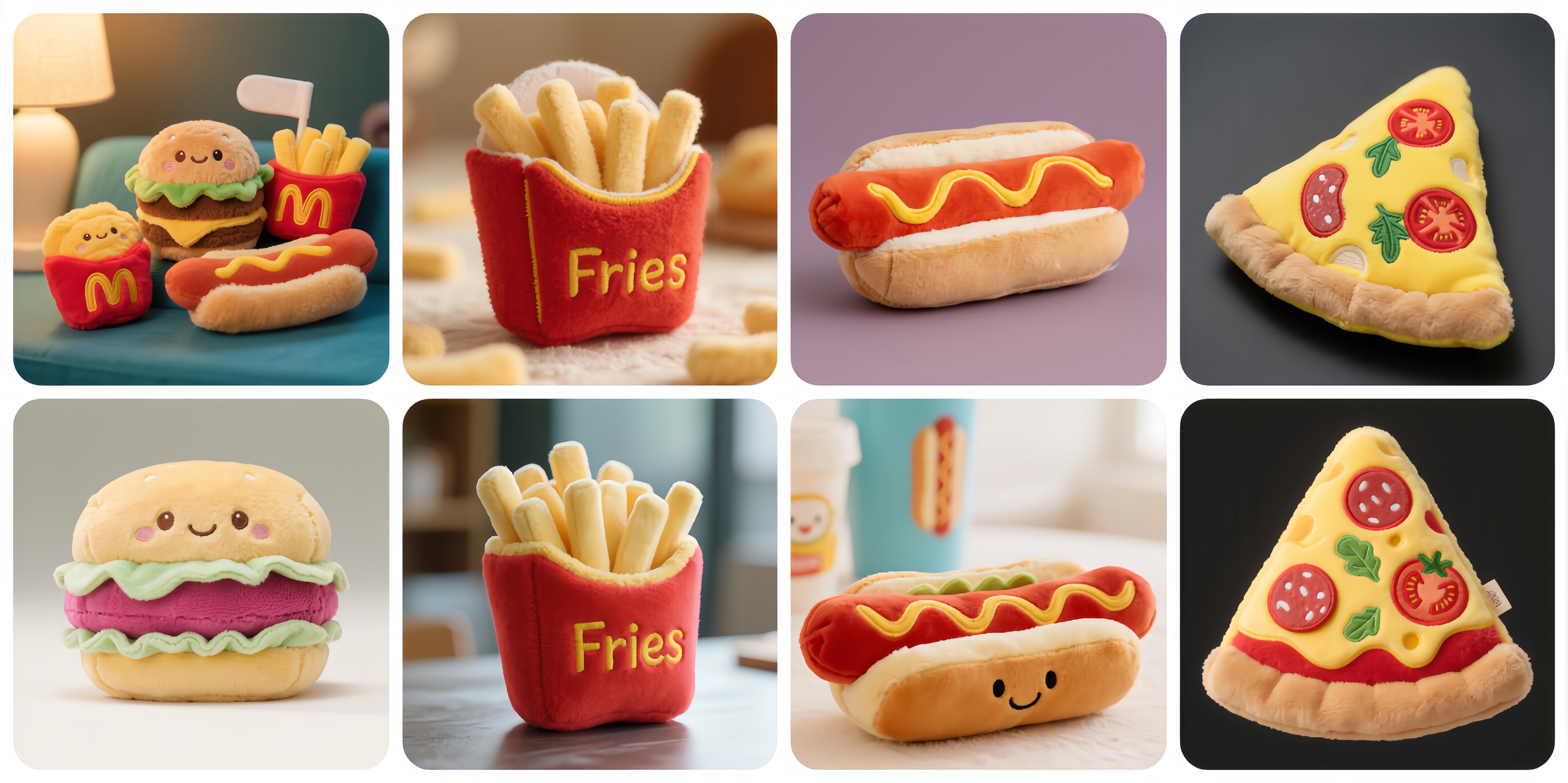 Peluches personnalisées Fast-food : une tendance irrésistiblement mignonne ! Peluche hot-dog, peluche pizza, peluche frites, peluche hamburger. 1