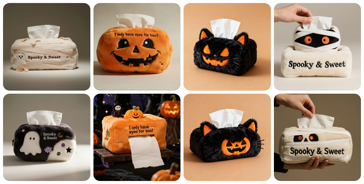 🎃 Жутко-потрясающие и уютные: ваш гид по изготовлению на заказ плюшевых чехлов для коробок с салфетками на Хэллоуин! 1