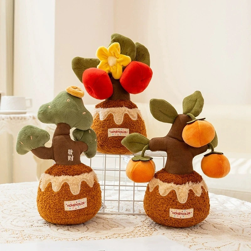 Lucky Potted Tree Plush Set 25cm Soft Stuffed Decor, Persimmon/Apple/Money Tree Design, Festive Home Decor & Gift 1